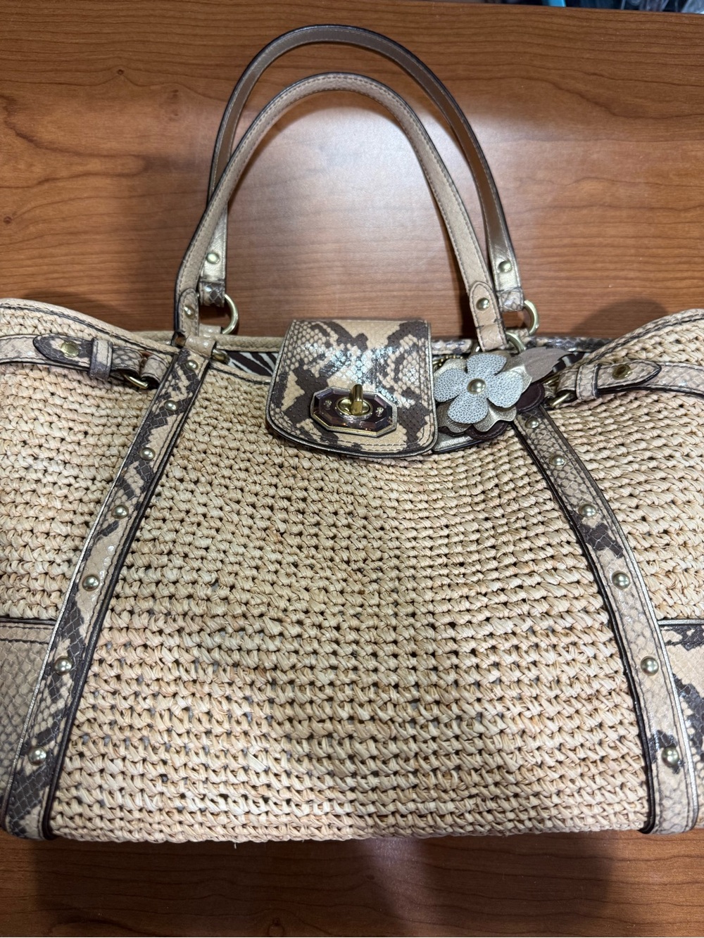 Coach Beige Woven Straw Tote with Snake-Print Trim